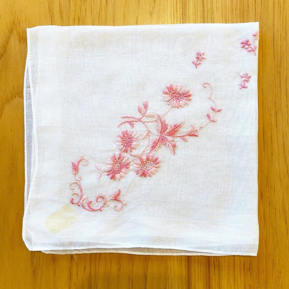 Vintage Handkerchief Hanky Embroidered Variegated Pink Flowers Cotton 13"